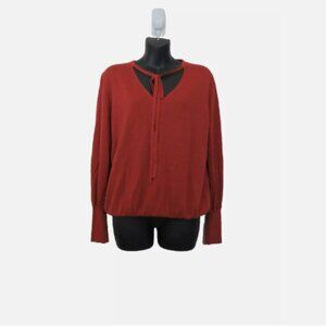 Akris Size 8 Linen Blend V Neck Top Tie Neck Long Sleeve Blouse Brown